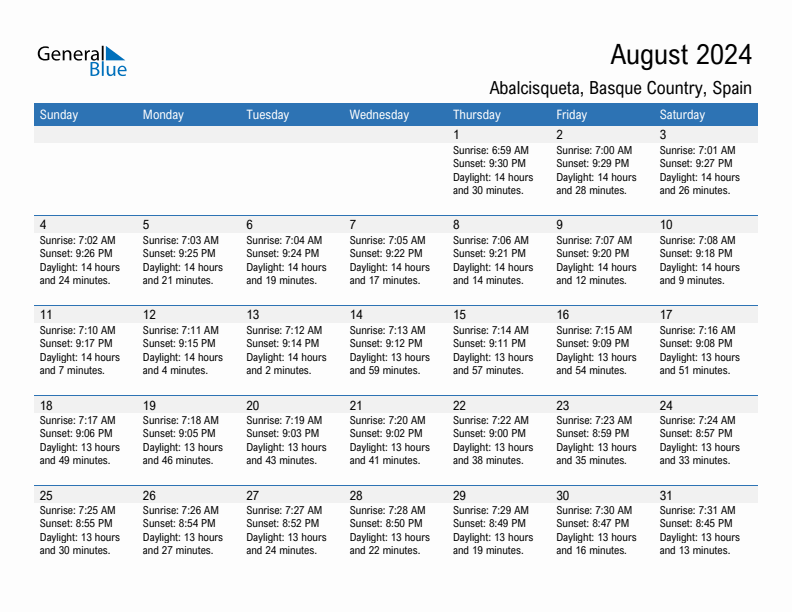 Abalcisqueta August 2024 sunrise and sunset calendar in PDF, Excel, and Word