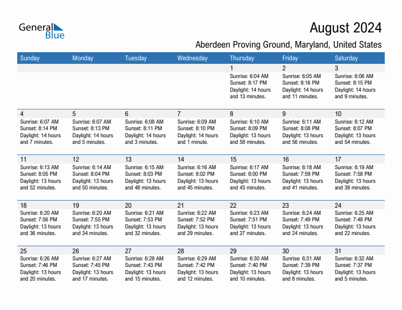 Aberdeen Proving Ground August 2024 sunrise and sunset calendar in PDF, Excel, and Word