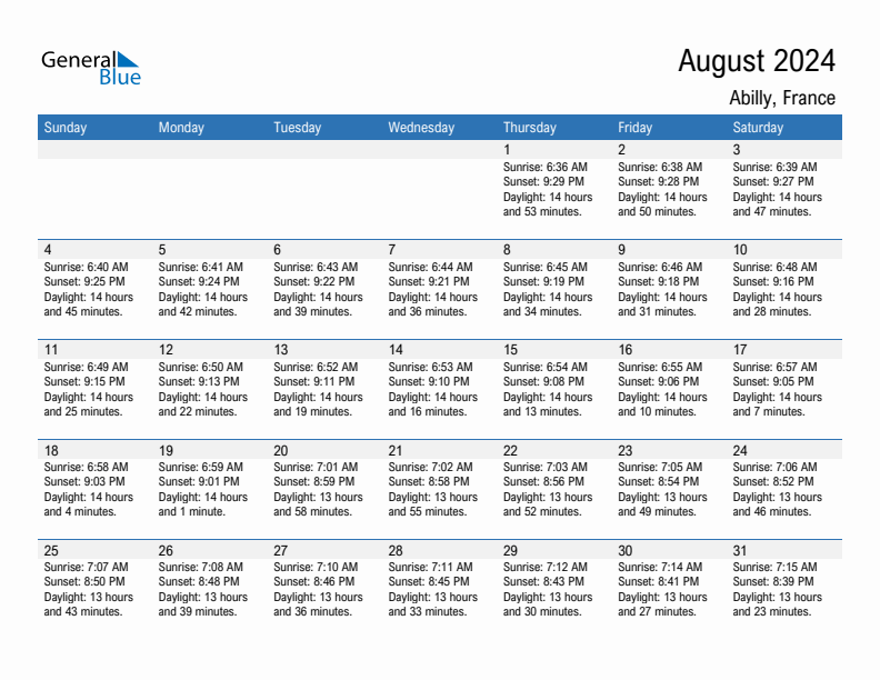 Abilly August 2024 sunrise and sunset calendar in PDF, Excel, and Word