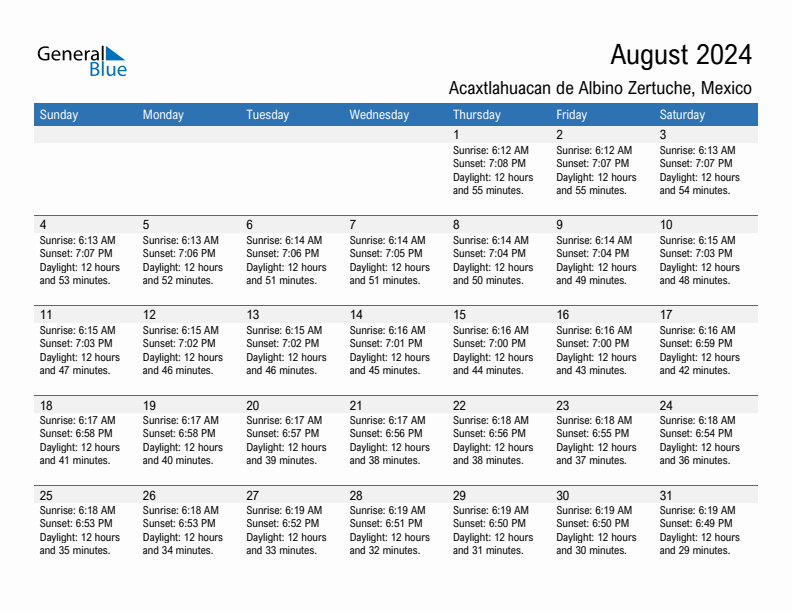 Acaxtlahuacan de Albino Zertuche August 2024 sunrise and sunset calendar in PDF, Excel, and Word