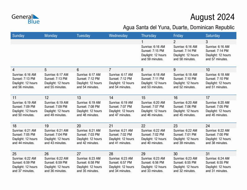 Agua Santa del Yuna August 2024 sunrise and sunset calendar in PDF, Excel, and Word