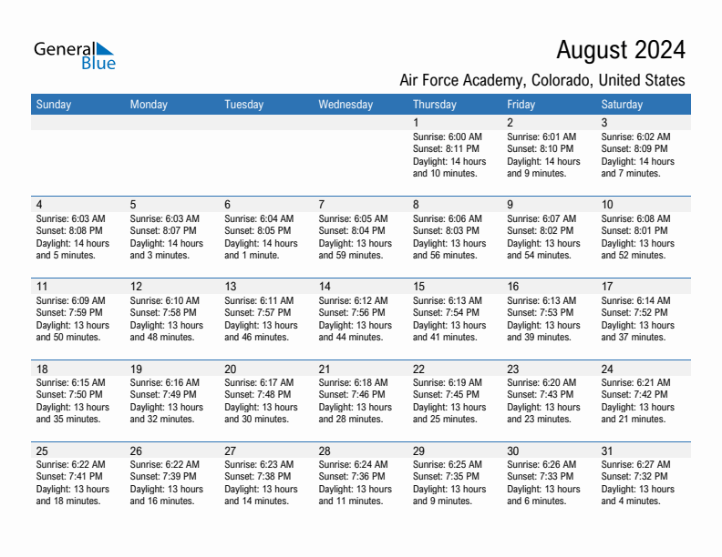 Air Force Academy August 2024 sunrise and sunset calendar in PDF, Excel, and Word