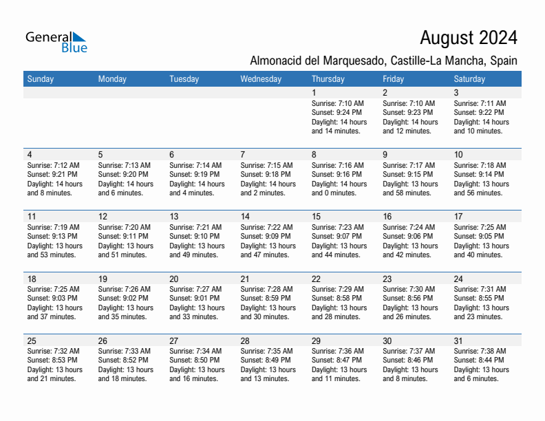 Almonacid del Marquesado August 2024 sunrise and sunset calendar in PDF, Excel, and Word