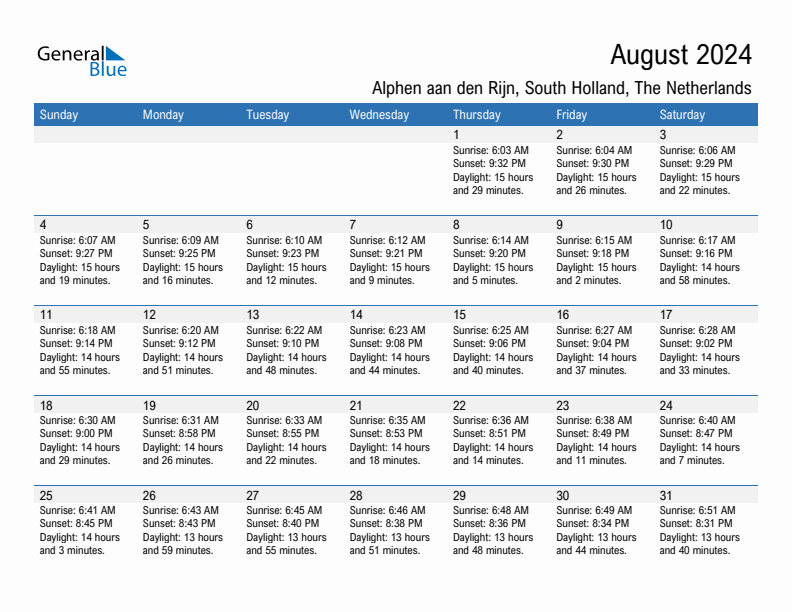 Alphen aan den Rijn August 2024 sunrise and sunset calendar in PDF, Excel, and Word