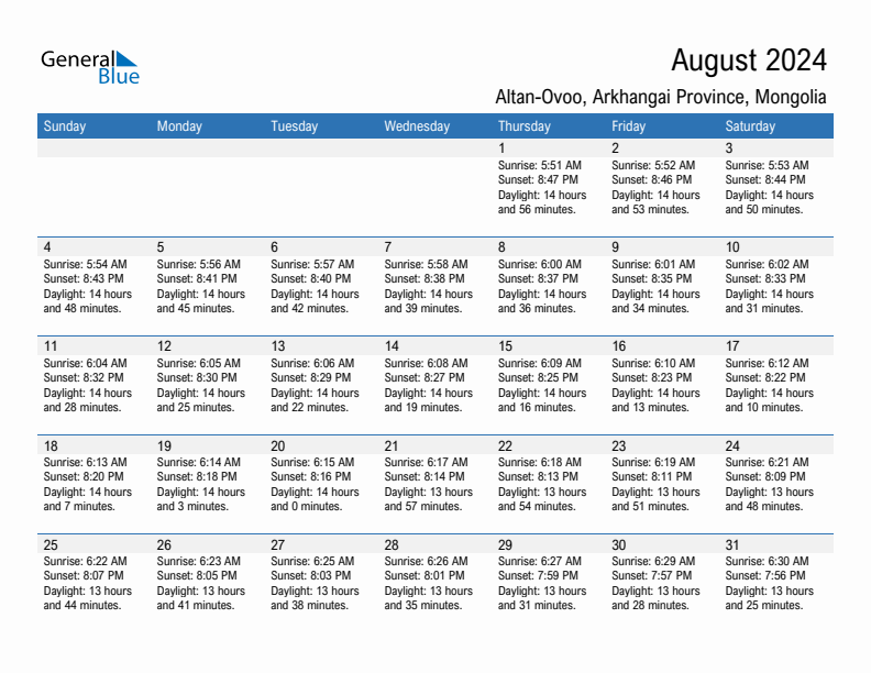 Altan-Ovoo August 2024 sunrise and sunset calendar in PDF, Excel, and Word