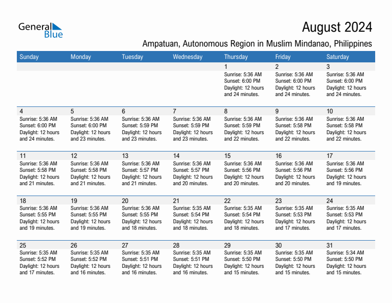 Ampatuan August 2024 sunrise and sunset calendar in PDF, Excel, and Word