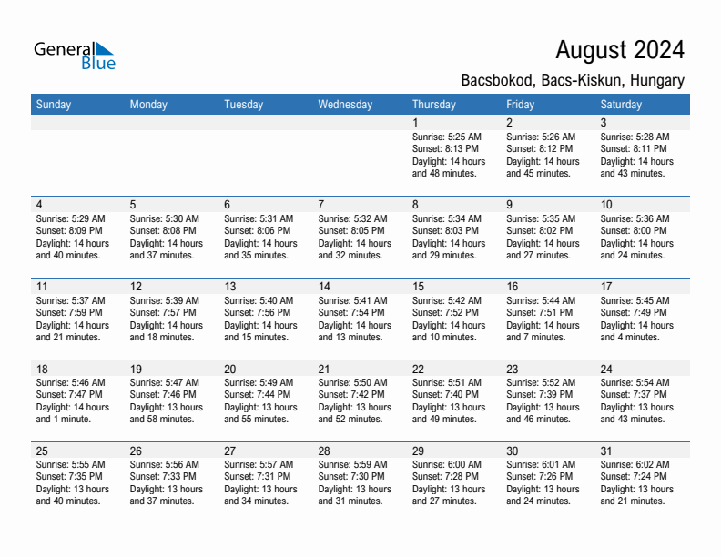 Bacsbokod August 2024 sunrise and sunset calendar in PDF, Excel, and Word