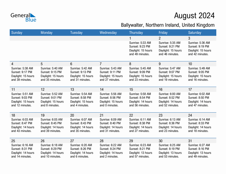 Ballywalter August 2024 sunrise and sunset calendar in PDF, Excel, and Word