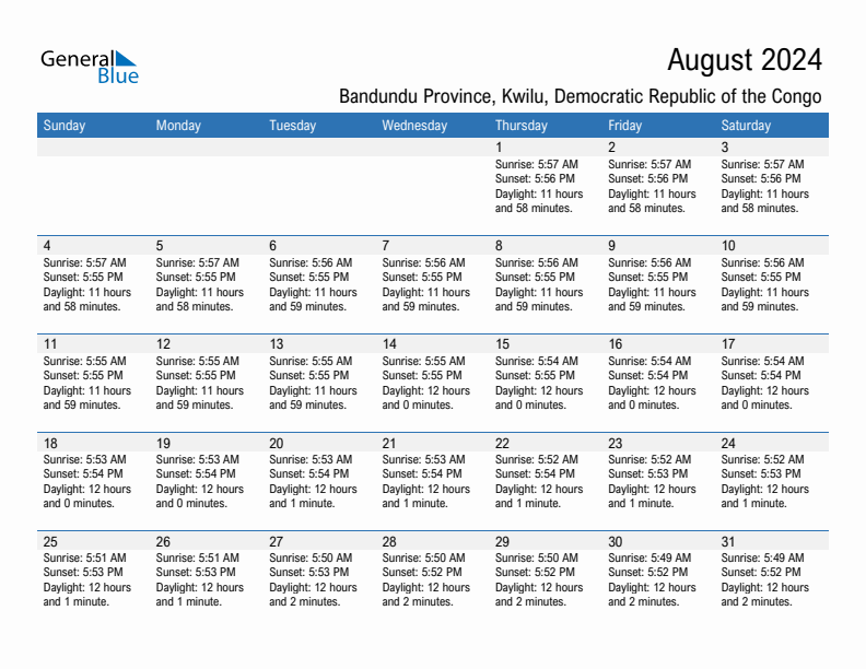 Bandundu Province August 2024 sunrise and sunset calendar in PDF, Excel, and Word