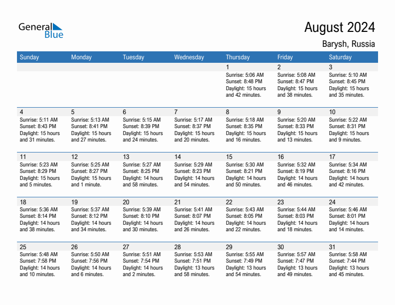 Barysh August 2024 sunrise and sunset calendar in PDF, Excel, and Word