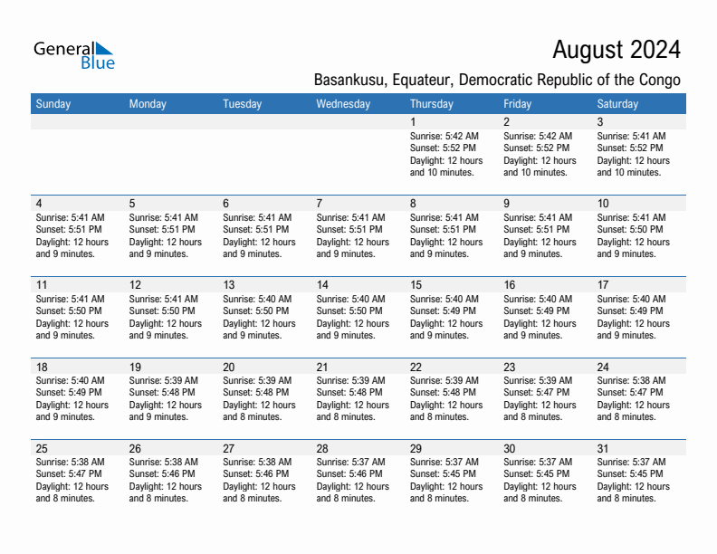 Basankusu August 2024 sunrise and sunset calendar in PDF, Excel, and Word