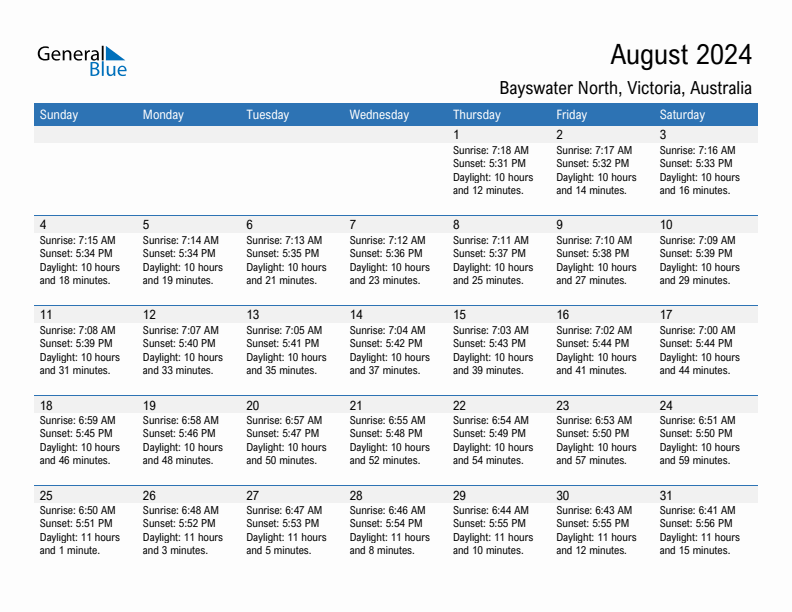 Bayswater North August 2024 sunrise and sunset calendar in PDF, Excel, and Word