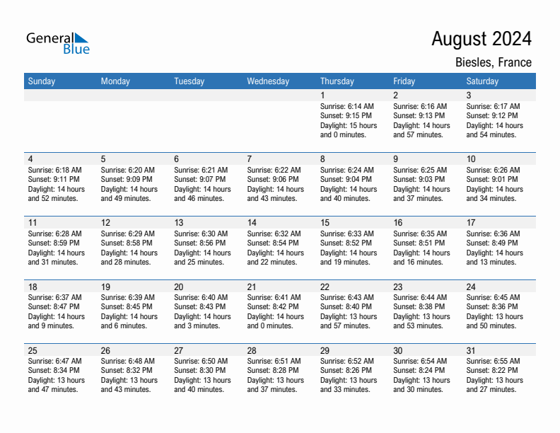 Biesles August 2024 sunrise and sunset calendar in PDF, Excel, and Word