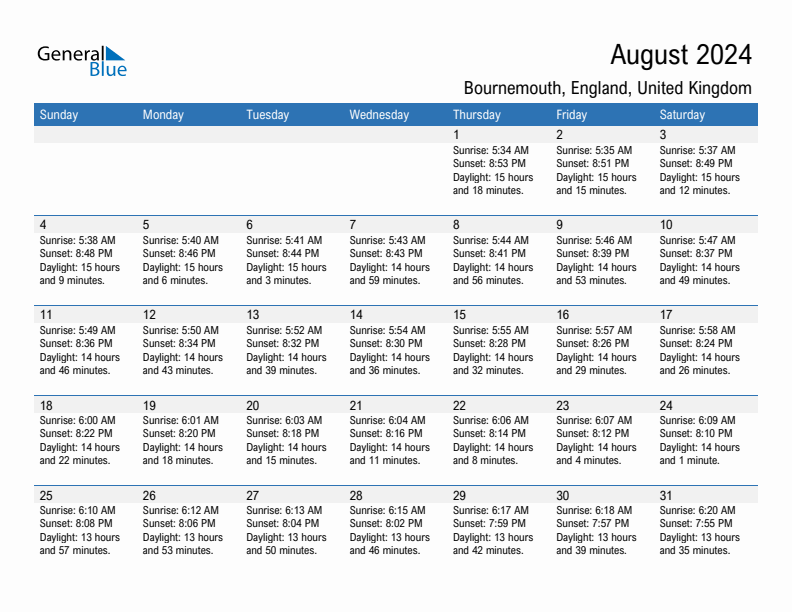 Bournemouth August 2024 sunrise and sunset calendar in PDF, Excel, and Word