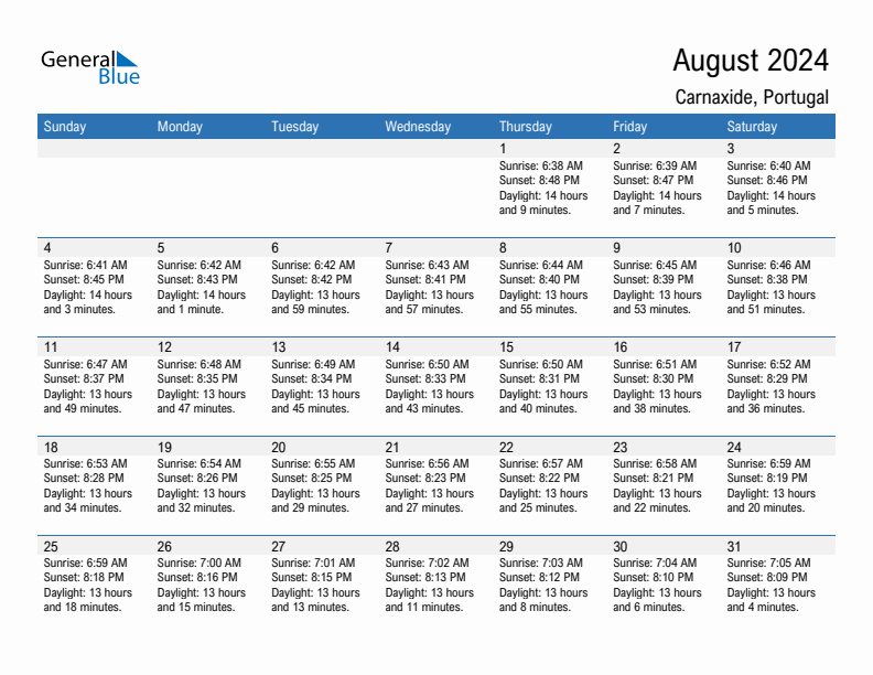 Carnaxide August 2024 sunrise and sunset calendar in PDF, Excel, and Word