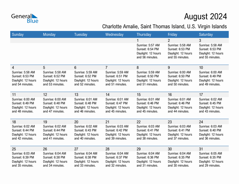 Charlotte Amalie August 2024 sunrise and sunset calendar in PDF, Excel, and Word