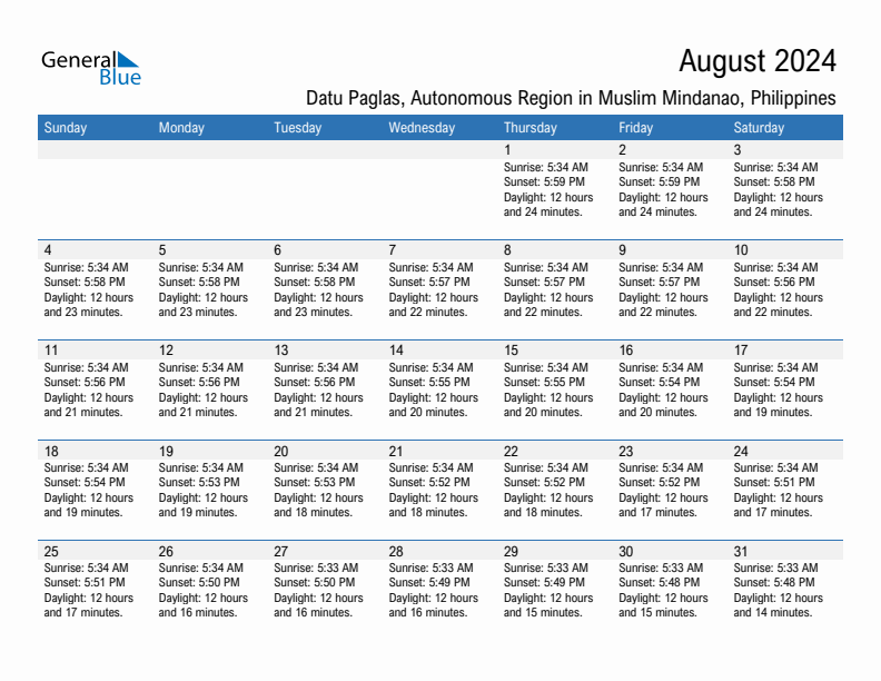 Datu Paglas August 2024 sunrise and sunset calendar in PDF, Excel, and Word