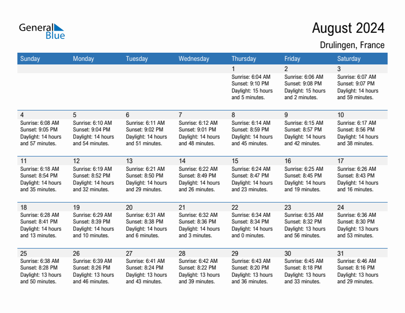 Drulingen August 2024 sunrise and sunset calendar in PDF, Excel, and Word