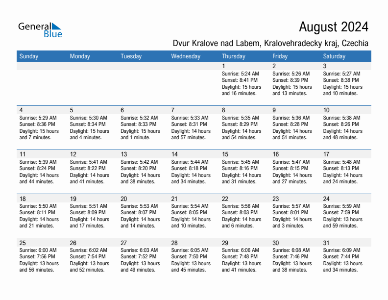 Dvur Kralove nad Labem August 2024 sunrise and sunset calendar in PDF, Excel, and Word