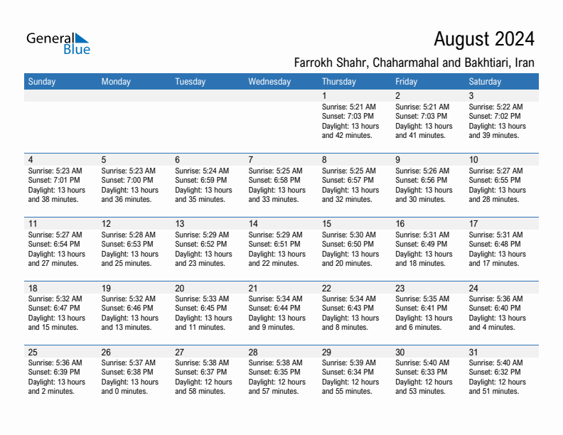 Farrokh Shahr August 2024 sunrise and sunset calendar in PDF, Excel, and Word