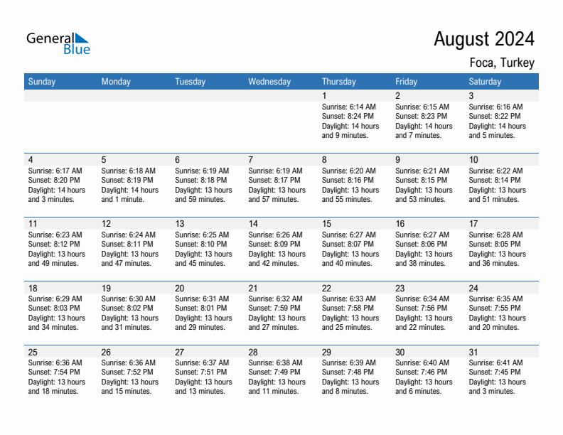 Foca August 2024 sunrise and sunset calendar in PDF, Excel, and Word