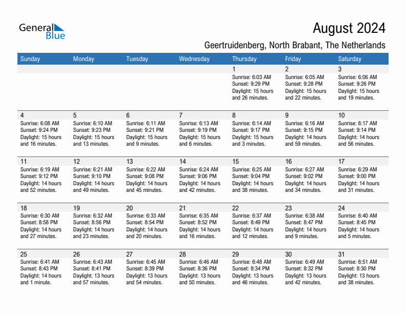 Geertruidenberg August 2024 sunrise and sunset calendar in PDF, Excel, and Word