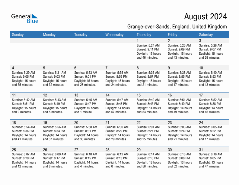 Grange-over-Sands August 2024 sunrise and sunset calendar in PDF, Excel, and Word