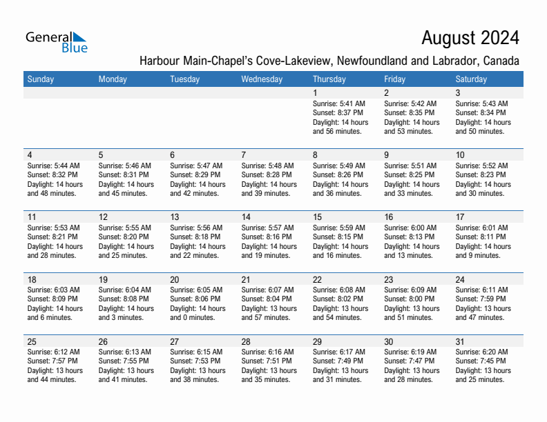 Harbour Main-Chapel's Cove-Lakeview August 2024 sunrise and sunset calendar in PDF, Excel, and Word