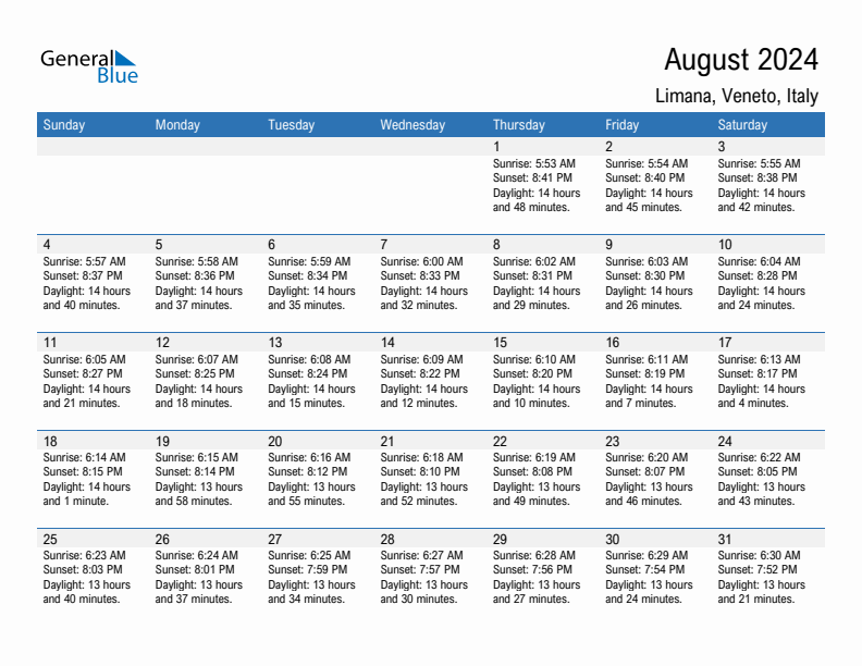 Limana August 2024 sunrise and sunset calendar in PDF, Excel, and Word