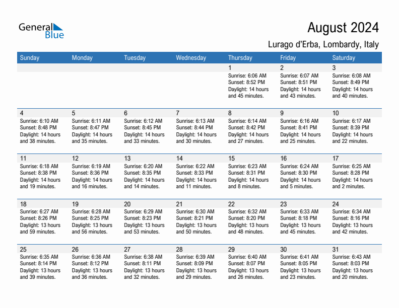 Lurago d'Erba August 2024 sunrise and sunset calendar in PDF, Excel, and Word