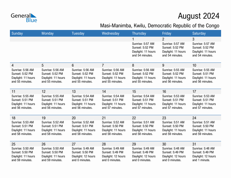 Masi-Manimba August 2024 sunrise and sunset calendar in PDF, Excel, and Word