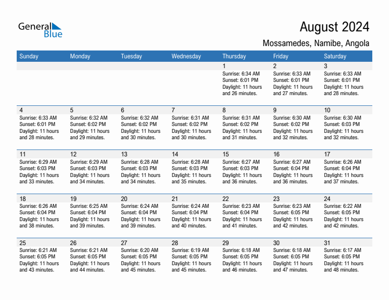 Mossamedes August 2024 sunrise and sunset calendar in PDF, Excel, and Word