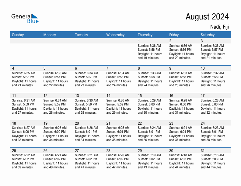 Nadi August 2024 sunrise and sunset calendar in PDF, Excel, and Word