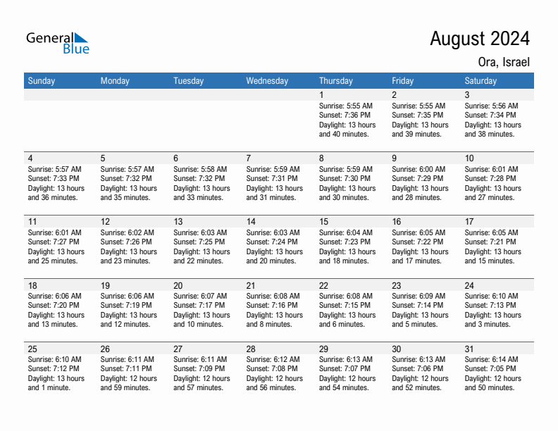 Ora August 2024 sunrise and sunset calendar in PDF, Excel, and Word