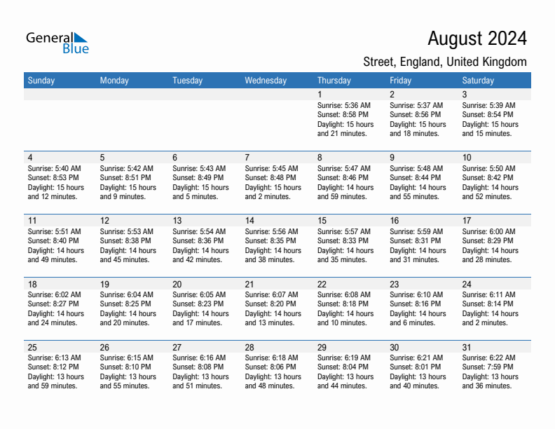 Street August 2024 sunrise and sunset calendar in PDF, Excel, and Word