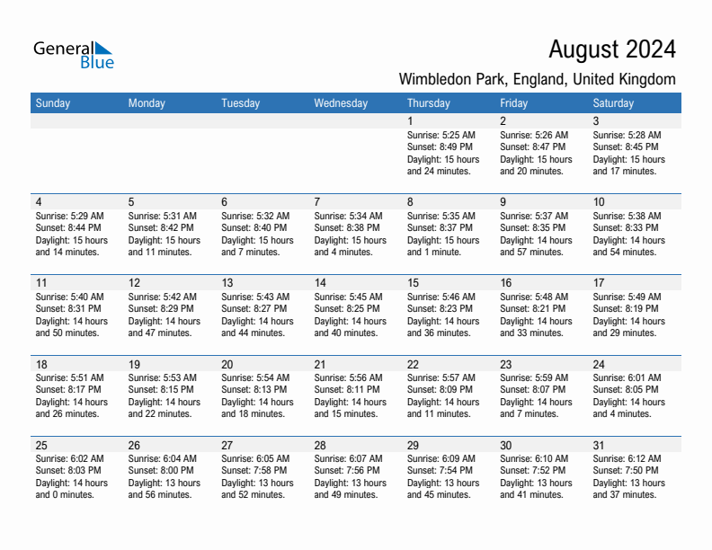 Wimbledon Park August 2024 sunrise and sunset calendar in PDF, Excel, and Word