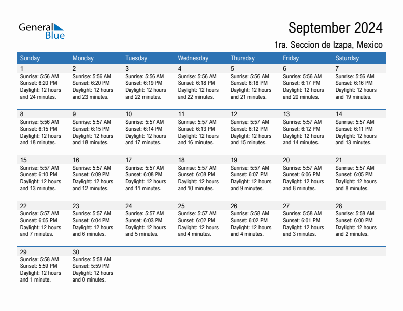 1ra. Seccion de Izapa September 2024 sunrise and sunset calendar in PDF, Excel, and Word