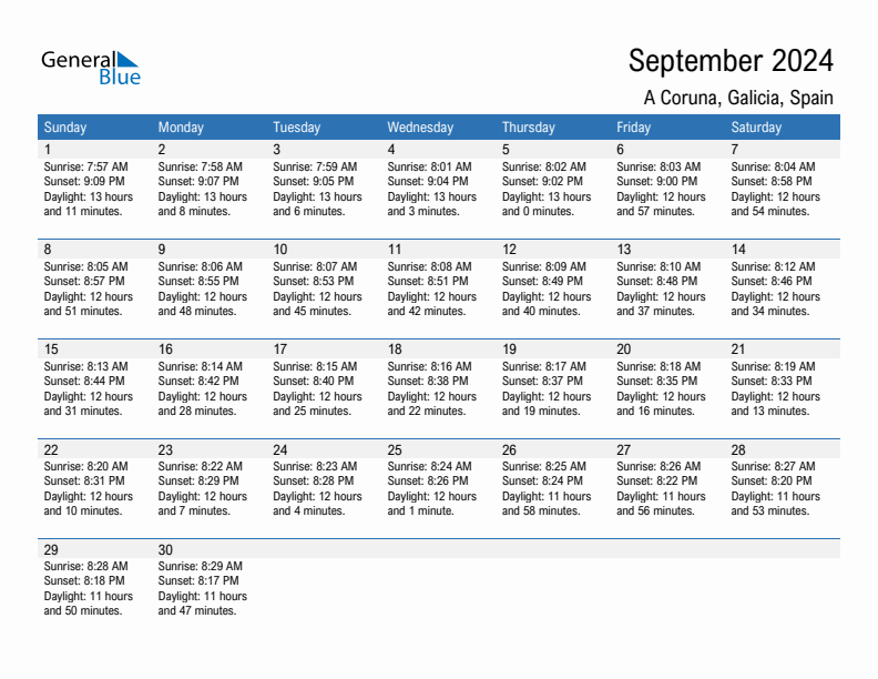 A Coruna September 2024 sunrise and sunset calendar in PDF, Excel, and Word