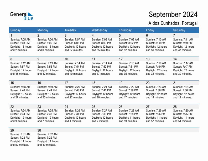 A dos Cunhados September 2024 sunrise and sunset calendar in PDF, Excel, and Word