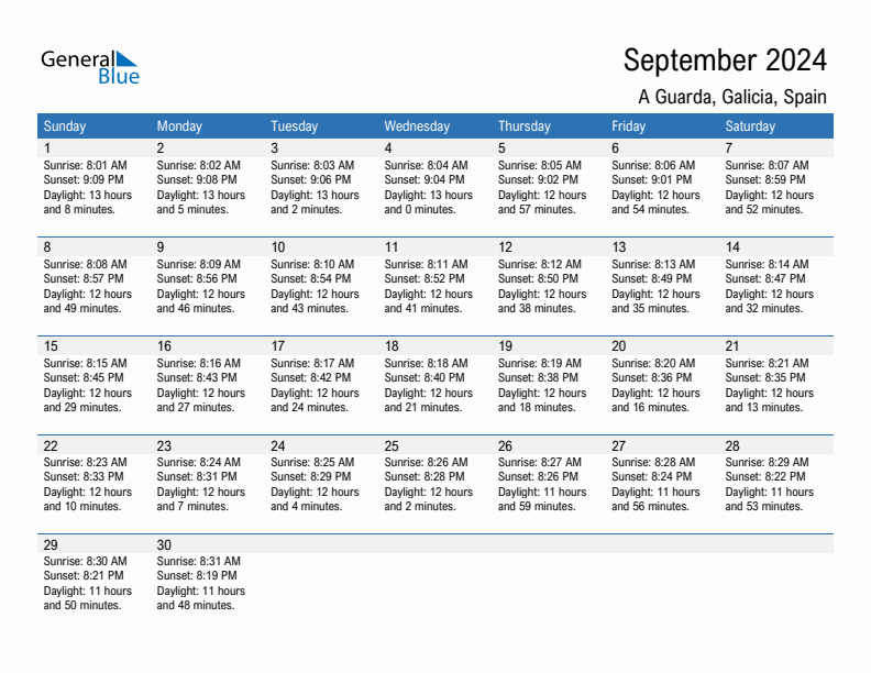 A Guarda September 2024 sunrise and sunset calendar in PDF, Excel, and Word