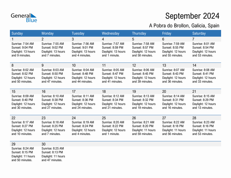 A Pobra do Brollon September 2024 sunrise and sunset calendar in PDF, Excel, and Word