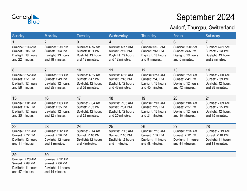 Aadorf September 2024 sunrise and sunset calendar in PDF, Excel, and Word