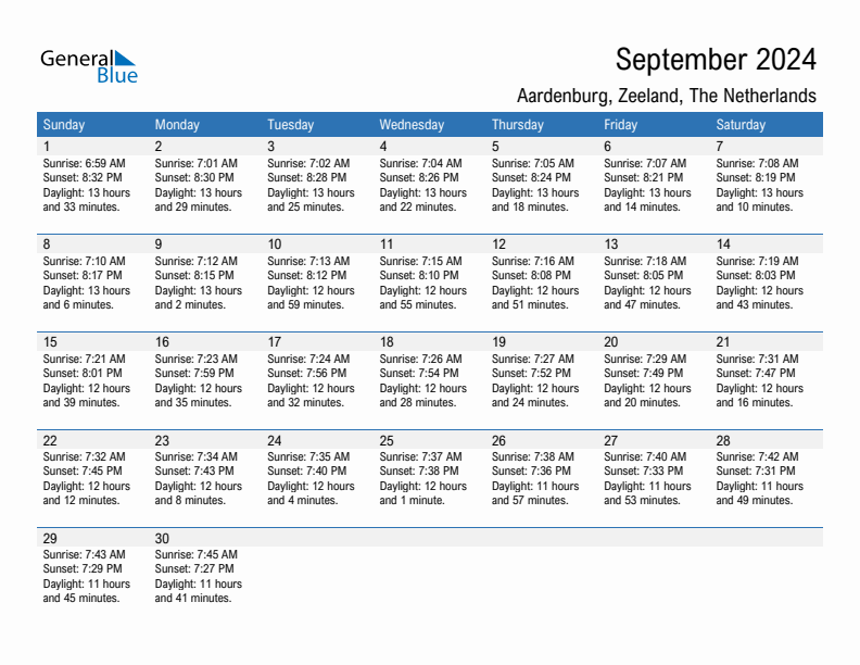 Aardenburg September 2024 sunrise and sunset calendar in PDF, Excel, and Word