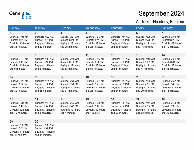 Aartrijke September 2024 sunrise and sunset calendar in PDF, Excel, and Word