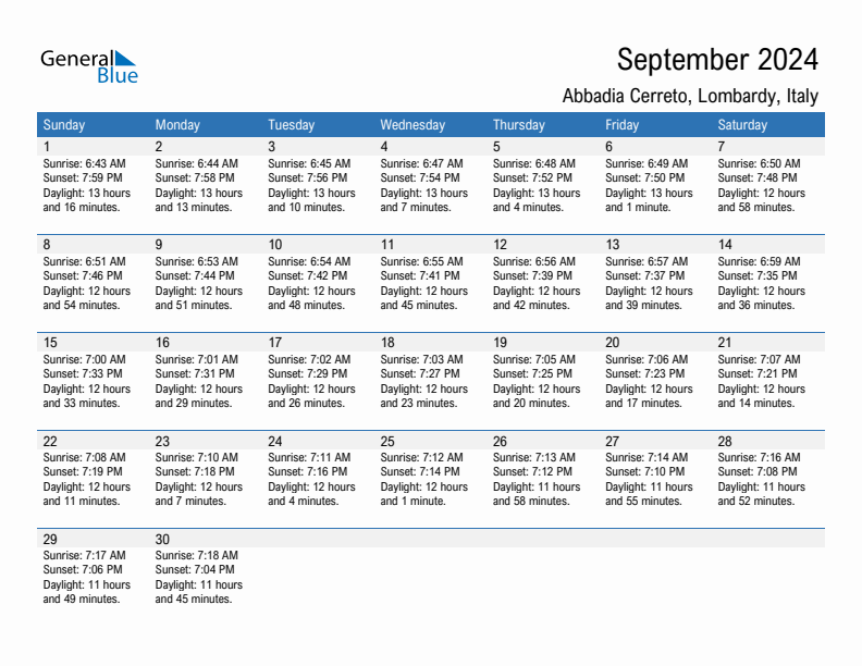 Abbadia Cerreto September 2024 sunrise and sunset calendar in PDF, Excel, and Word