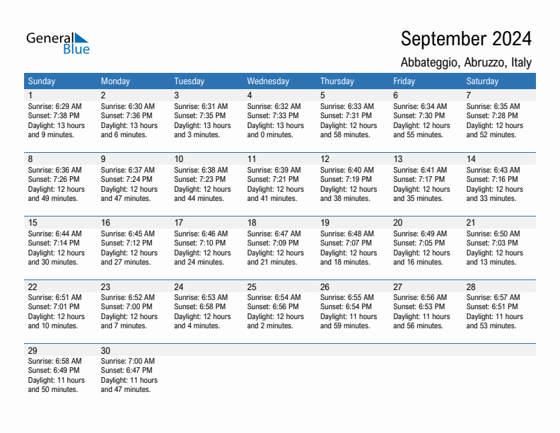 Abbateggio September 2024 sunrise and sunset calendar in PDF, Excel, and Word