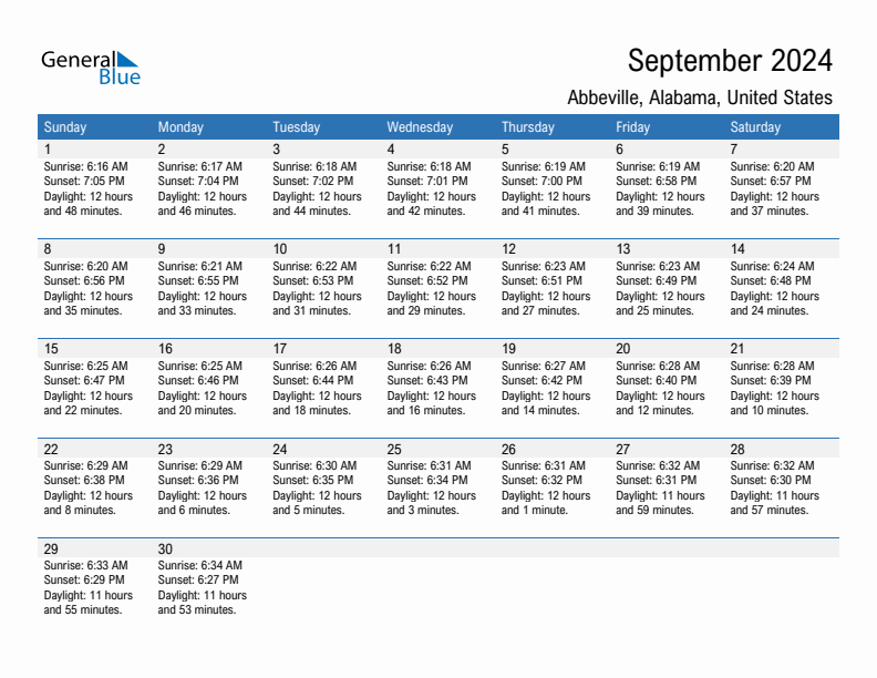 Abbeville September 2024 sunrise and sunset calendar in PDF, Excel, and Word