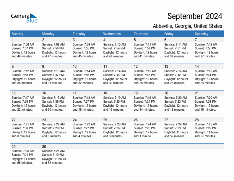 Abbeville September 2024 sunrise and sunset calendar in PDF, Excel, and Word