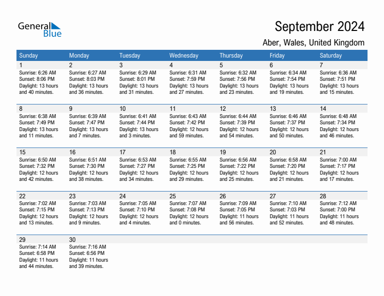 Aber September 2024 sunrise and sunset calendar in PDF, Excel, and Word