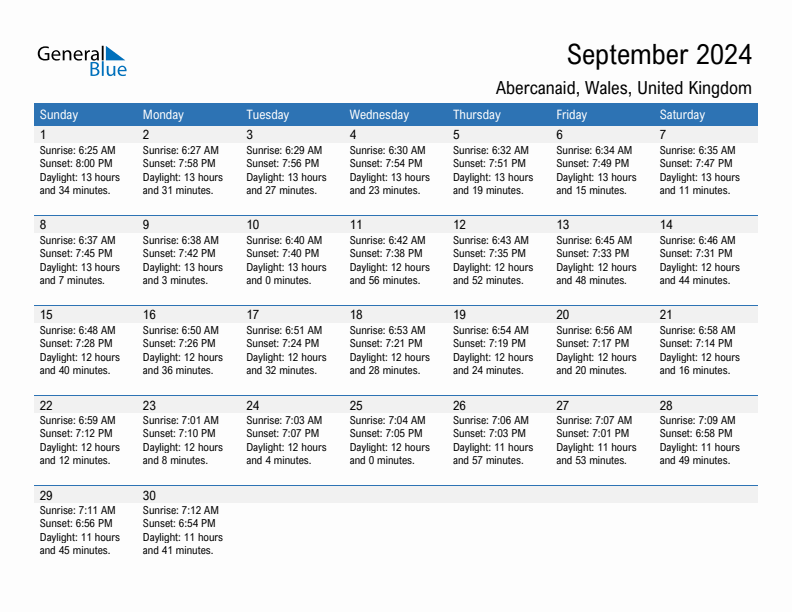 Abercanaid September 2024 sunrise and sunset calendar in PDF, Excel, and Word